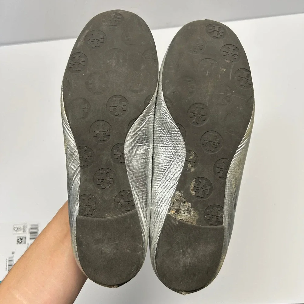 Tory Burch Reva Ballet Flats Silver Womens Size 7 Metallic Leather Logo Logo
